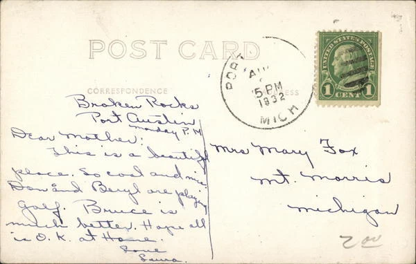 1932 RPPC Port Austin,MI Broken Rocks Huron County Michigan Real Photo Post Card 2