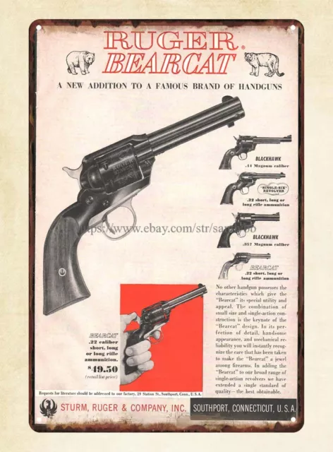 en esta pared de casa arte 1958 RUGER Bearcat revólver pistola arma de fuego letrero de estaño