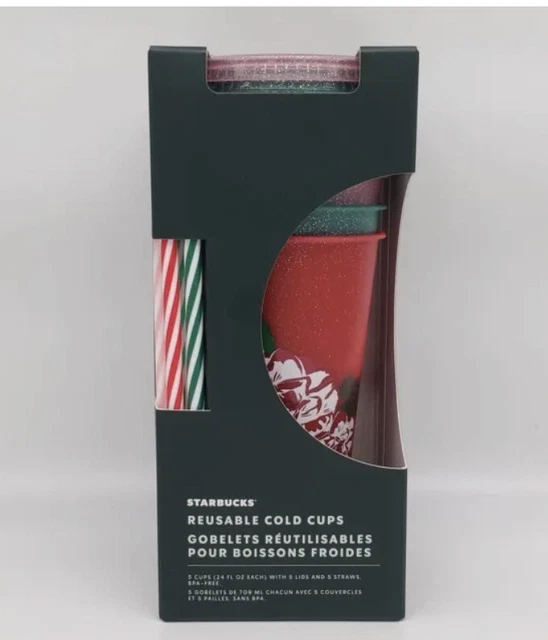 STARBUCKS 5 Reusable 24 oz Cold Cups Lids Straws 2022 Venti Holiday Glitter NEW