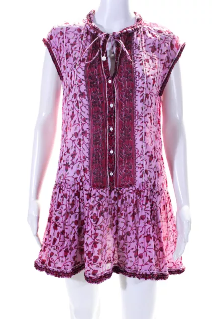 Poupette St. Barth Womens Pink Floral V-Neck Sleeveless A-line Dress Size S