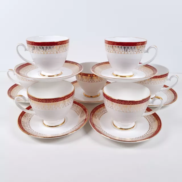 Royal Grafton Majestic Footed Cups & Saucers Red Maroon Vintage England Set of 7