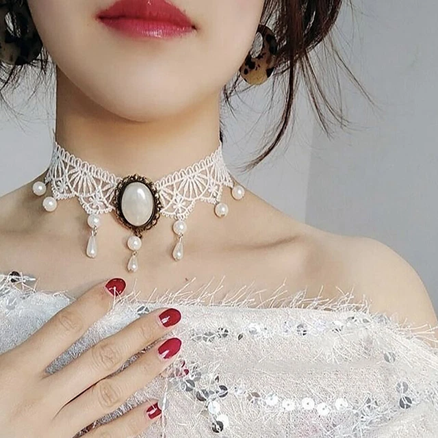 Gothic Black Lace Crystal Necklace Punk Dark Lolita Style Pearl Sexy Lace Ch LEI