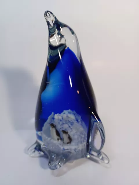 Cobalt Blue Art Glass Mother PENGUIN w Babies Figurine Paperweight H=6.25” 2.5LB