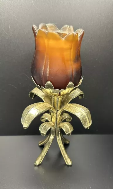 Vintage Gold Gilt Floral Votive Candle Holder Hollywood Regency Amber Glass