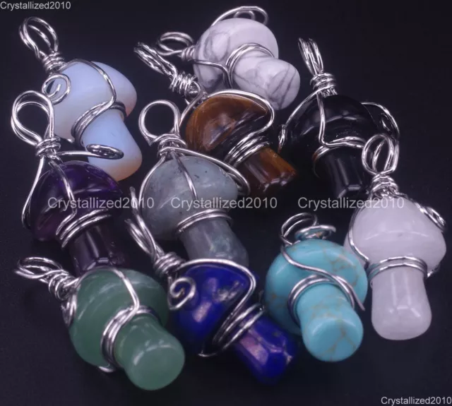 Natural Gemstones Mushroom Shape Reiki Chakra Healing Pendant Beads Wire Wrap