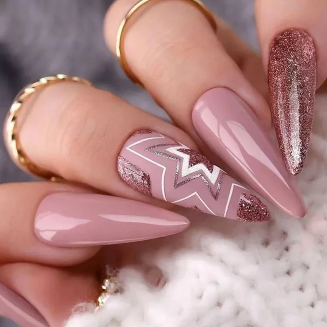 Glitter Pink Leaf Fake Nails French Nail Tips Fashion False Nails  DIY