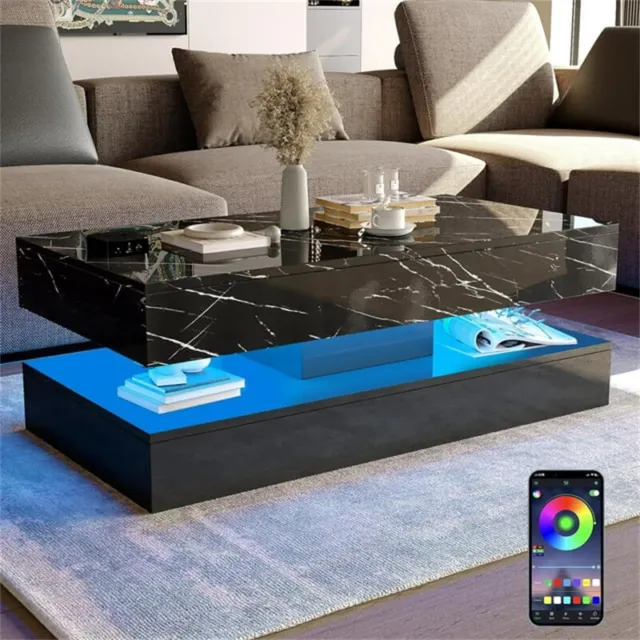 47.3IN Modern High Glossy LED Coffee Table,APP LED Lights,with 2 Storage Drawers