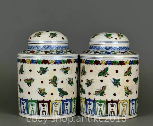 6.8" Old Chinese Chenghua Dynasty Doucai Porcelain Butterfly Lid Jar Pair