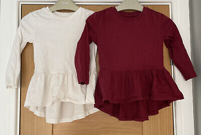 Tu Girls set of 2 Peplum Long Sleeve T-Shirts (White/Burgundy) Age 3 Years