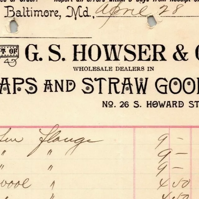 1896 Letterhead Billhead G.S. Howser & Co. Straw Goods Baltimore Ephraim Baker*