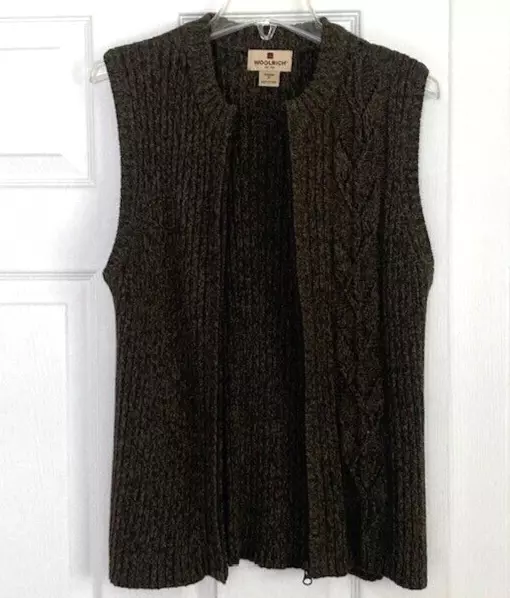 Woolrich Womens Dark Loden Green Sweater Vest Full Zip Cable Knit Size M