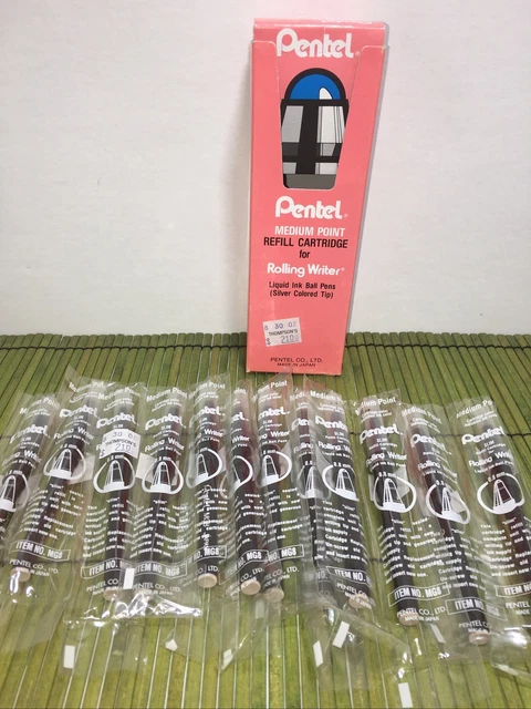 Pentel Rolling Writer Refills Medium Slim Black Box o 12 Refills Liquid Ink Ball