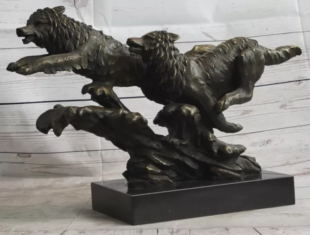 Bronze Sculpture, Hand Made Statue Animal Large Signed Lopez Two Wolves Wolf