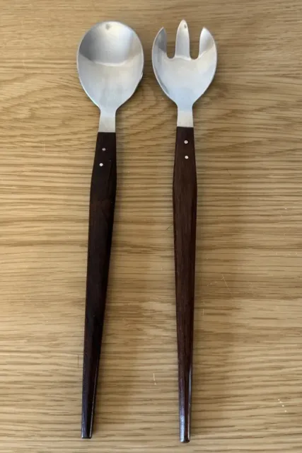 Vintage  Hepe Denmark Teak Handled Salad Servers Stainless Steel