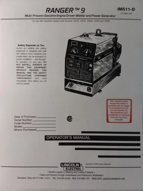 Lincoln Ranger 9 Welder Generator​ & Kohler CH20 Engine Operator's (2 Manual s)
