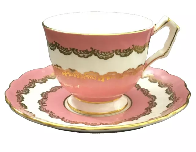 Aynsley Fine English Bone China Tea Cup And Saucer Colours Pink White & Gold.