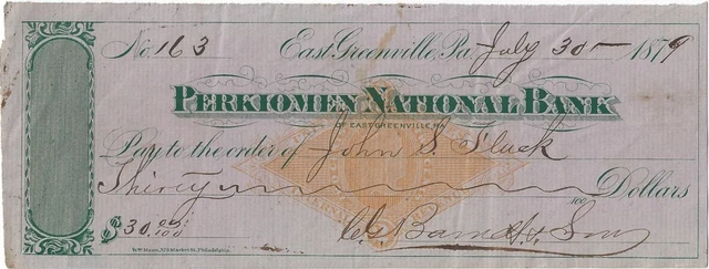 Perkiomen National Bank~East Greenville, Pa~John S Fluck, Souderton, Pa~1879