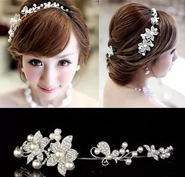 Women White Wedding Pearl Bride Bridal Crystal Flower Party Hair Headband Prop