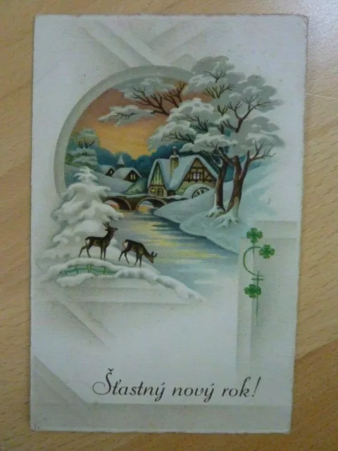 Ansichtskarte Postkarte AK Weihnachten Winterlandschaft Fluss Häuser Reh 1939