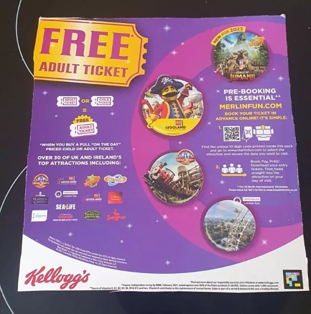 Kellogg’s Merlin Attraction Free Adult Ticket Digital Code EMAIL to 30.6.24
