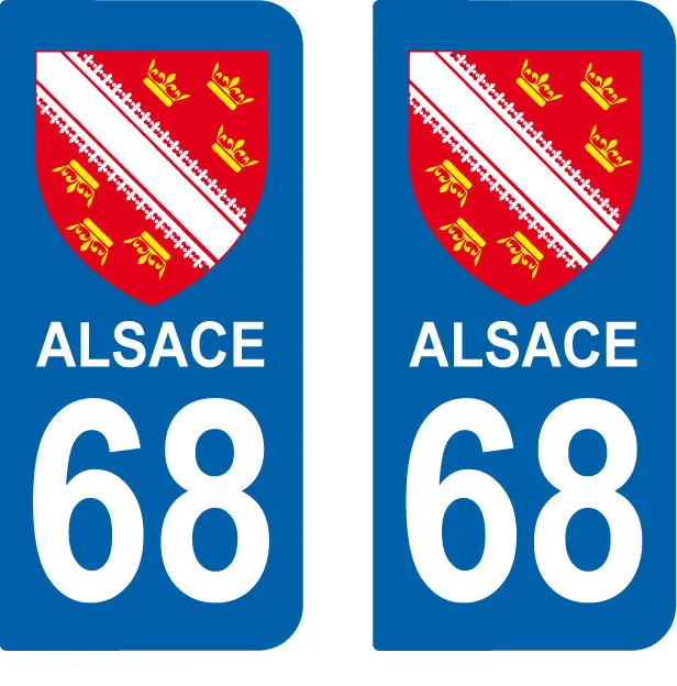 2 Stickers style immatriculation auto Blason et texte bas ALSACE 68