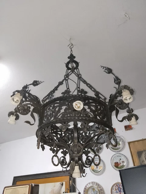 Antique LARGE Spanish Wrought Iron Chandelier 11 Lights Arms Gothic Style 20th