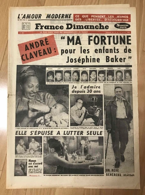 ►France Dimanche 855/1963 - Josephine Baker - Jean Marais - Claude Nougaro