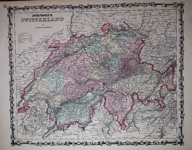 1863 Johnson's Atlas Map ~ SWITZERLAND - (14x18) ~Free S&H #758