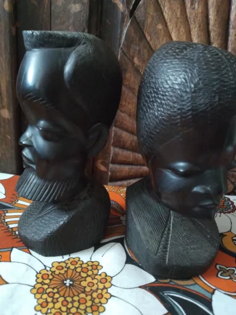 vintage carved ebony wood tribal African man woman bust head figures collectable