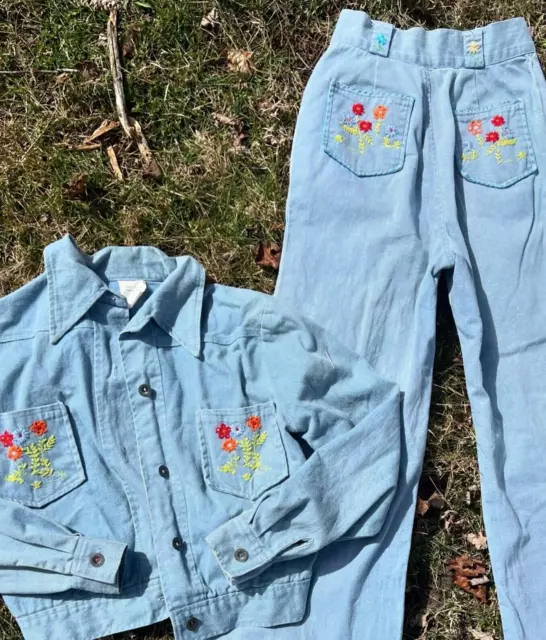 Vintage 60s 70s Denim Bell Bottoms Jeans & Matching Jacket 2 Pc Set Embroidered