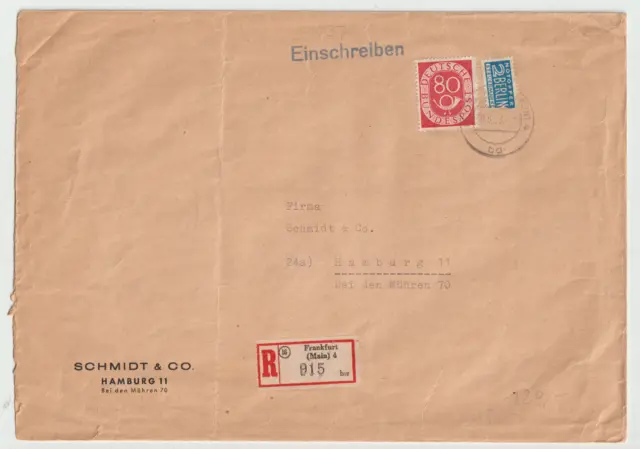Bund Posthorn, 80 Pf, Mi. 137 EF auf Einschreiben-Brief , Ankunftsstempel