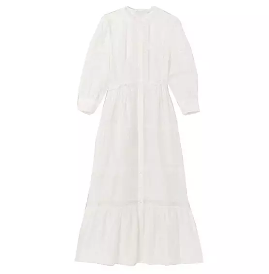 Women Sandro French Style Dress Lace Hollowed Out Puff Sleeves White Dress 2