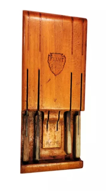 Vtg Ekco FLINT Wooden 4 Knife Block Wall Mount USA Knives Hollow Ground Cutlery
