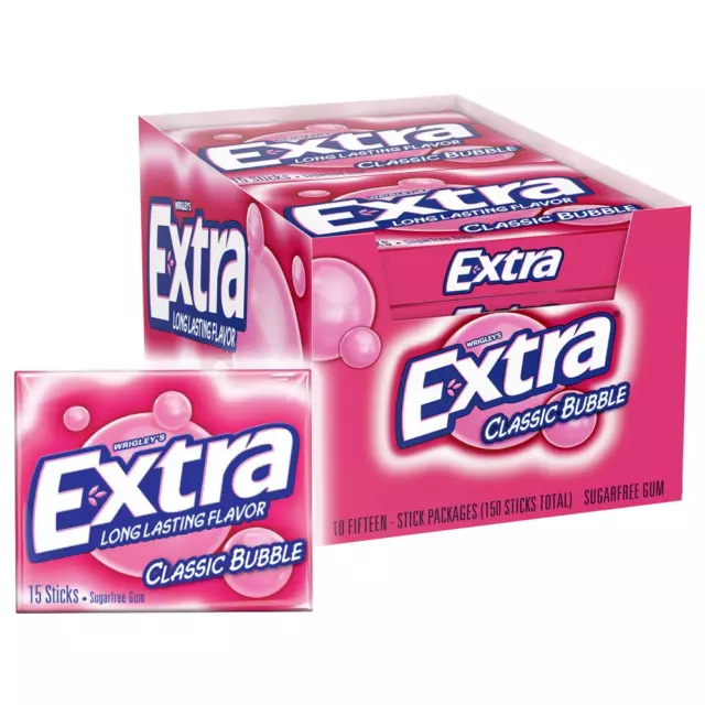 Wrigleys Extra Chewing Gum Classic Bubble 15 Pieces X 10 Pack - USA