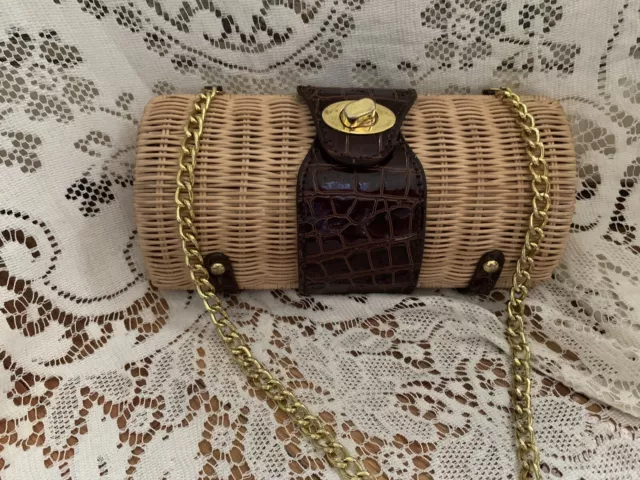 Unique Woven Wicker Straw Gold Chain Brown Leather Accents Clutch Purse Handbag