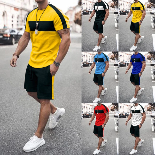 Men's Sports Gym Short Sleeve Tops Shorts 2PCS Sets Summer Casual Tee Bottoms