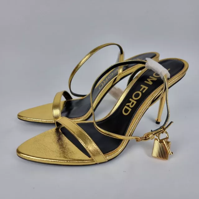 Tom Ford Padlock 85mm Gold Leather Heeled Sandals New