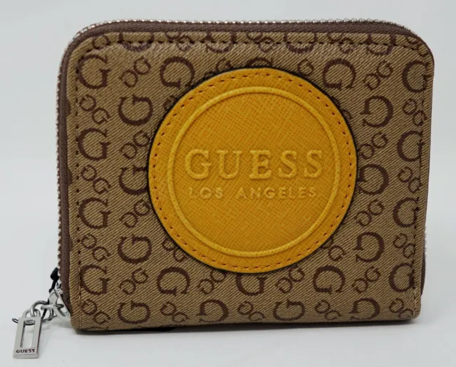 NEW GUESS Women's Brown Logo Print Yellow Logo Small Zip Around Wallet Square