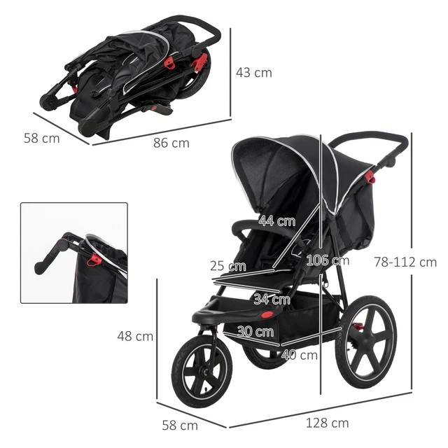 HOMCOM Foldable Three-Wheeler Baby Stroller w/ Sun Canopy, Storage,Refurbished 3