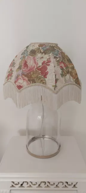 Magnifique Abat-Jour Vintage Art Deco Ivoire Floral Frangé Molette Shabby Chic