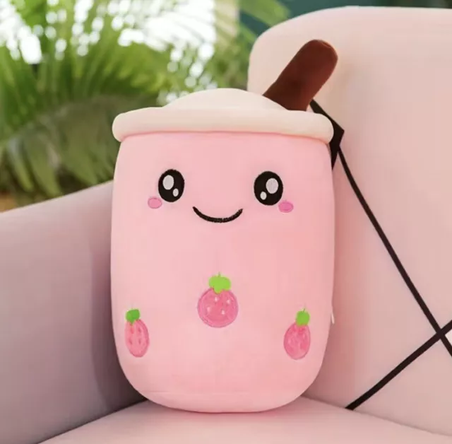 Squishy Strawberry Boba Tea Plushie Cute Emoji Stuffed Anime Soft Pink 9.8 inch