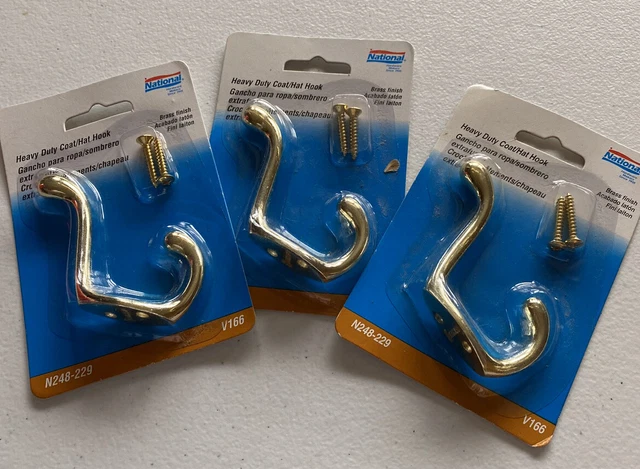 Lot of 3  Coat/Hat Hook Brass Finish National Hardware Heavy Duty N248-229 Vi66