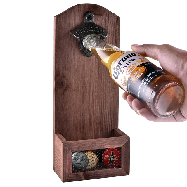 Wooden Bottle Opener with Cap Collector Catcher, Vintage Wood Wall