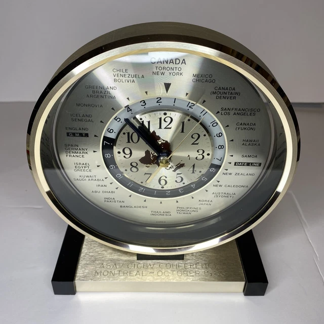 VINTAGE WORLD TIME Clock Quartz Analog Map Face timezone Korea