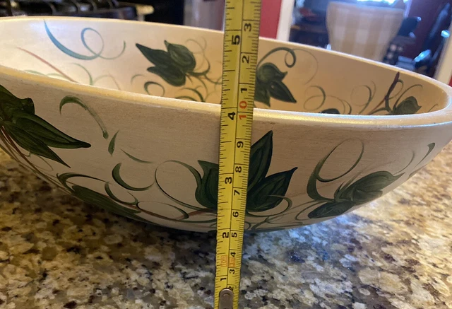 Vintage  13” Large Wooden Wood Salad Fruit Bowl Hand Painted Ivy Centerpiece