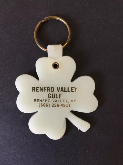 Vintage Keychain RENFRO VALLEY GULF Clover Key Fob Ring KENTUCKY GAS OIL STATION