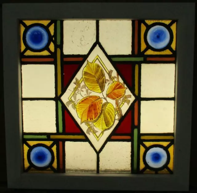 OLD ENGLISH LEADED STAINED GLASS WINDOW Hand Painted Leaves 17.75" x 17.75"