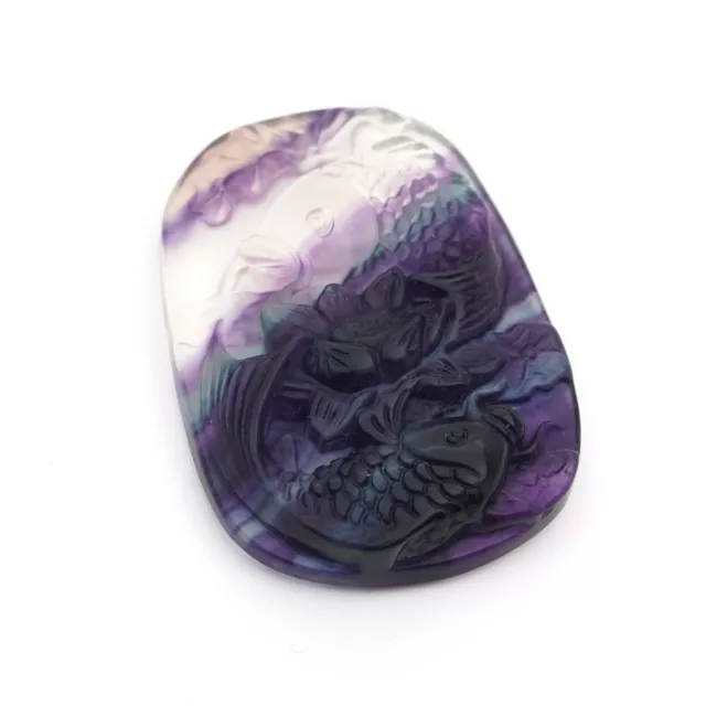Large carved flat rectangular multicolor fluorite pendant koi fish lotus 43mm