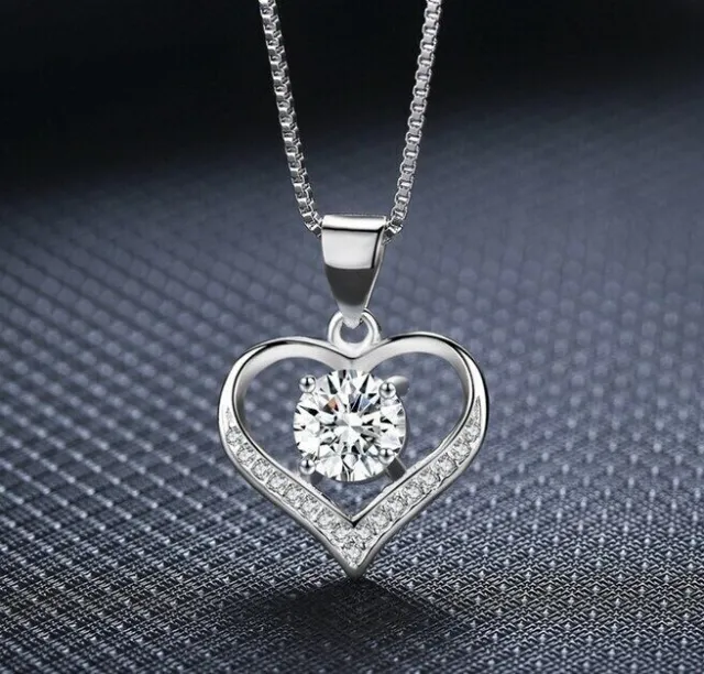 Sterling Silver Plated Love Heart Cubic Zirconia CZ Pendant Necklace 18" Gift