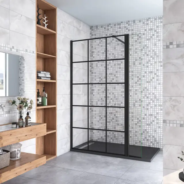 H.200 cm Panel de ducha Serigrafiado de celosía cuadrada Vidrio 8 mm+Barra Negra
